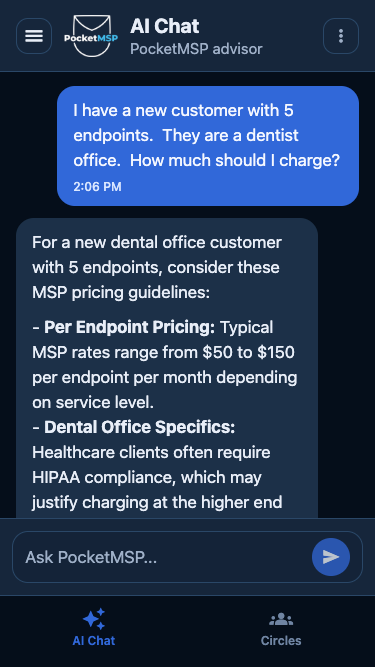 PocketMSP AI chat answering an MSP pricing question