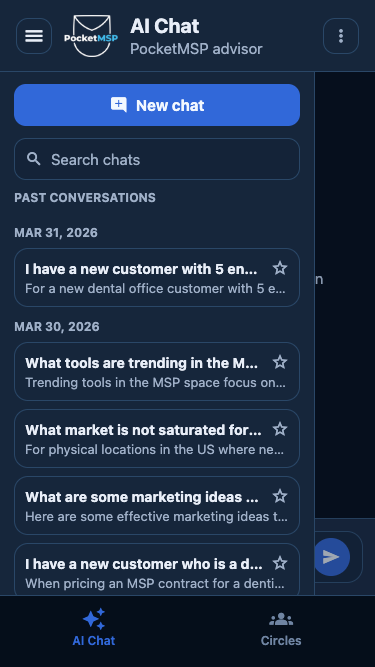 PocketMSP chat history menu with past conversations