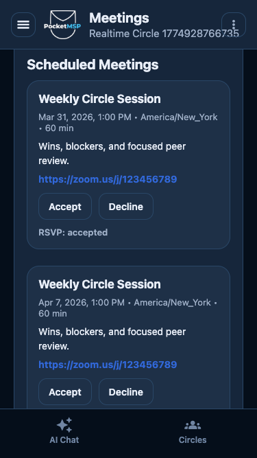 PocketMSP Circles scheduled meetings screen